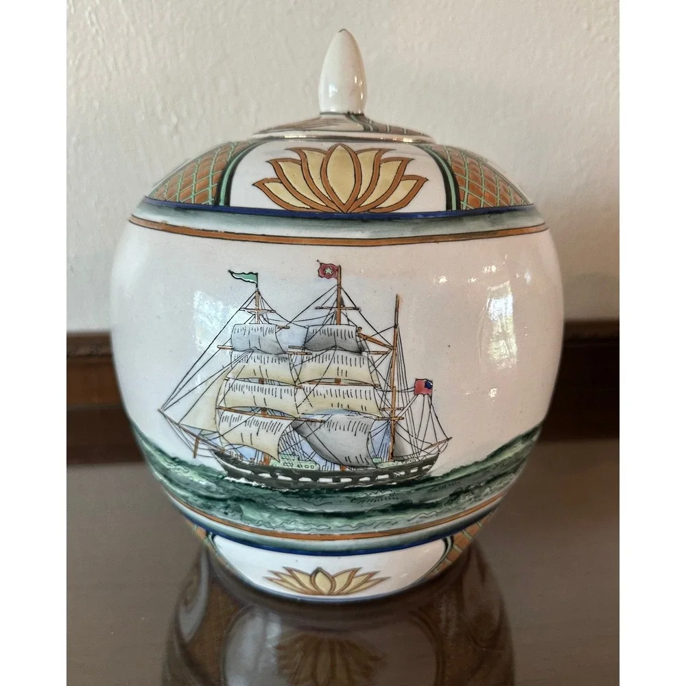 Vintage WBI Chinese Porcelain Ginger Jar Sailing Ship Nautical Decor 11x9